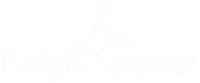 Logo em branco com o nome 'Felipe Sawaf' e o slogan 'Guiando empresas rumo ao topo das buscas', abaixo de uma ilustração estilizada de uma montanha com uma bandeira no cume.