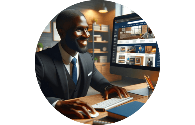 Homem sentado em sua mesa de escritório, sorrindo satisfeito enquanto olha para a tela do computador que exibe um site bem projetado com layout e cores vibrantes.