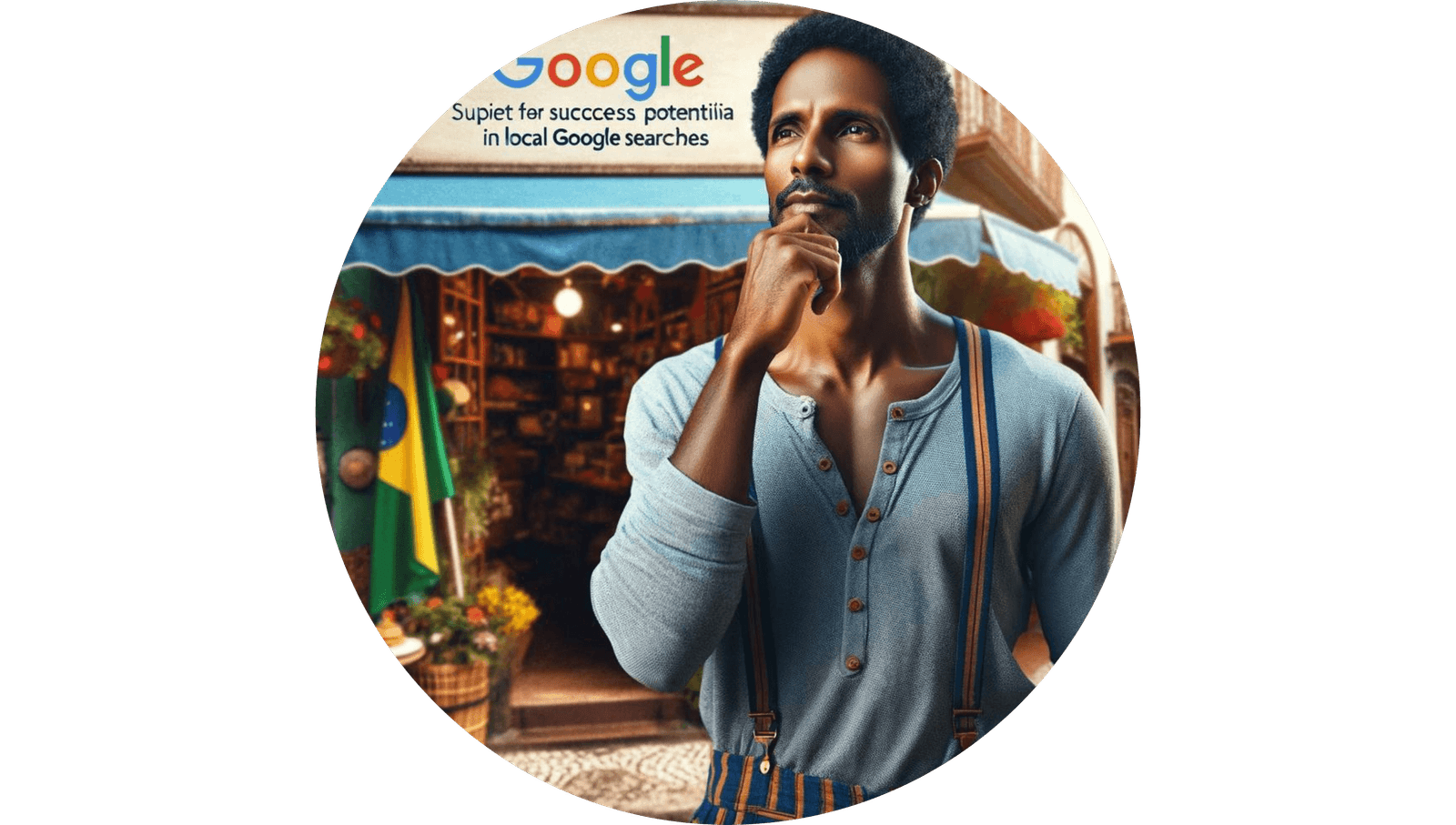 Um empresário de descendência africana reflete sobre o potencial de sucesso no Google local, em pé, contemplativo, em frente ao seu estabelecimento comercial.